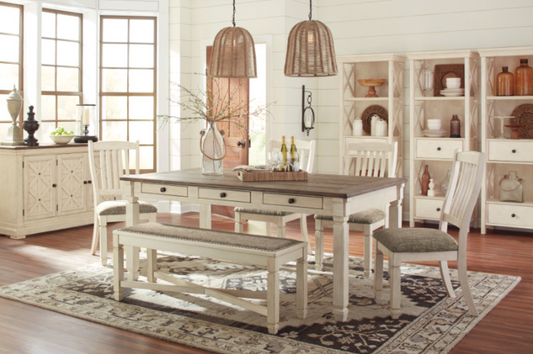WEEKLY or MONTHLY. Bollanburge Storage Dining Table & 4 Rake-Back Side Chairs & Nailhead Trim Bench