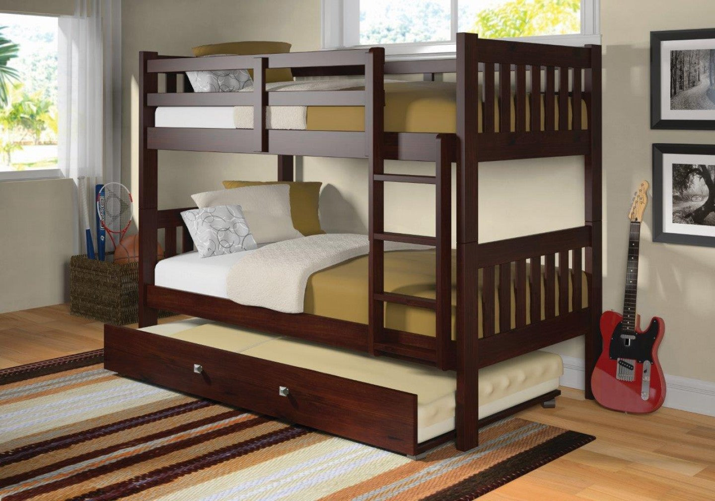WEEKLY or MONTHLY. Dark Cappuccino Twin over Twin Bunk with Fixed Ladder