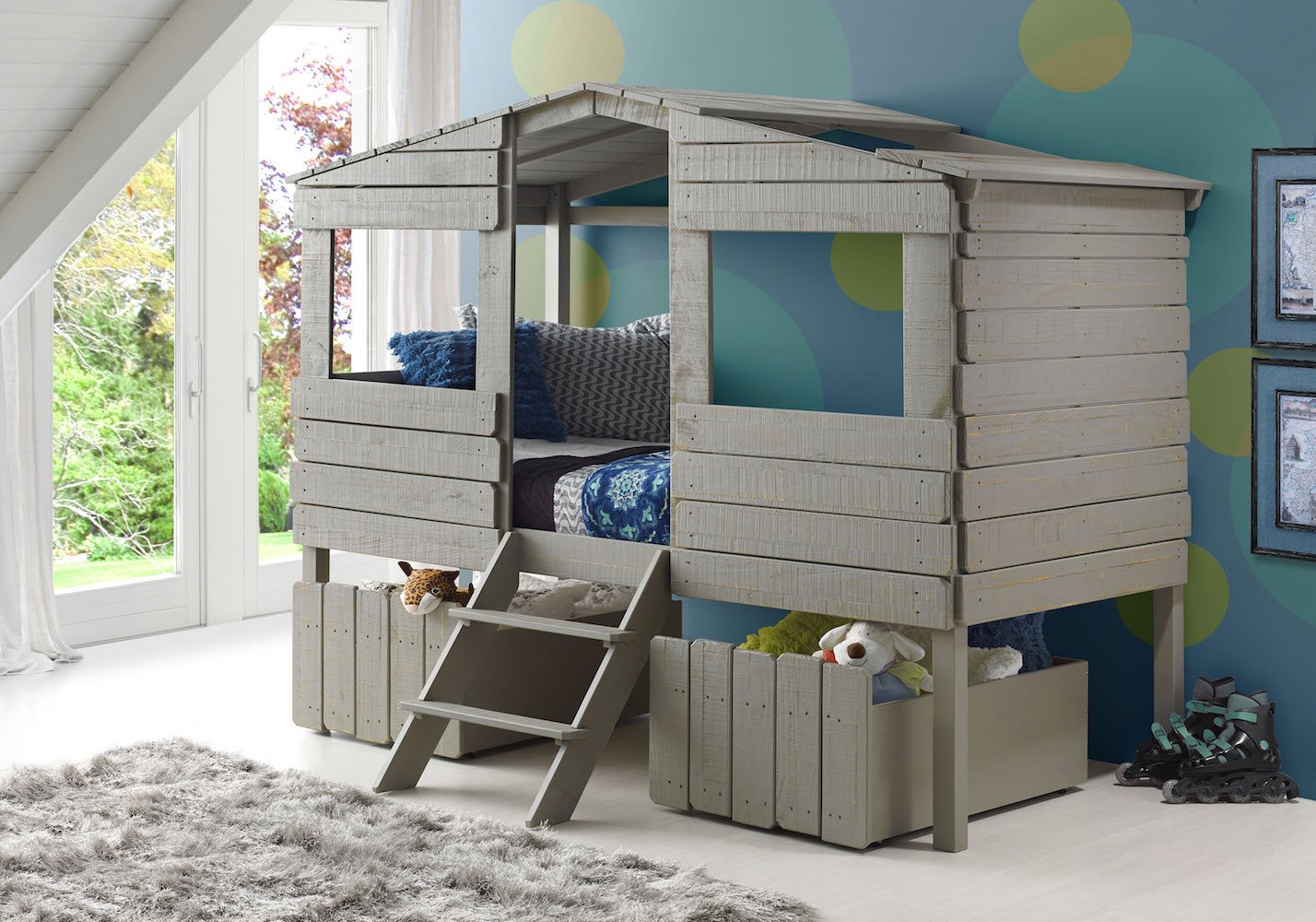 WEEKLY or MONTHLY. Rustic Grey Twin Tree House Loft Bed
