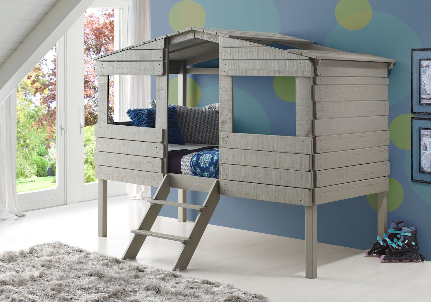WEEKLY or MONTHLY. Rustic Grey Twin Tree House Loft Bed