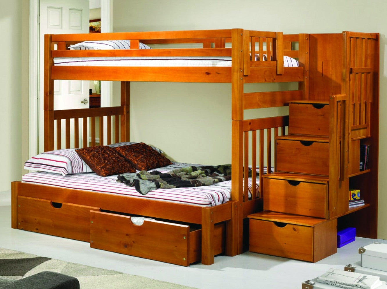 WEEKLY or MONTHLY. Tall Twin/Full Mission Stairway Bunkbed With Staircase Storage Under Each Step