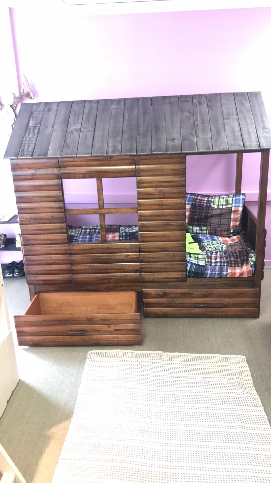WEEKLY or MONTHLY. Twin Log Cabin Low Loft Bed with Dual Underbed Drawers