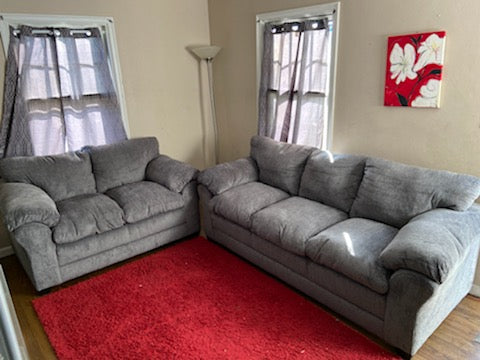 WEEKLY or MONTHLY. Puffy Grey Kennedy Sofa and Loveseat
