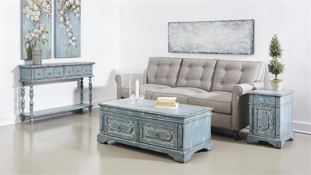 WEEKLY or MONTHLY. Cabot Shabby Blue Round Accent Table