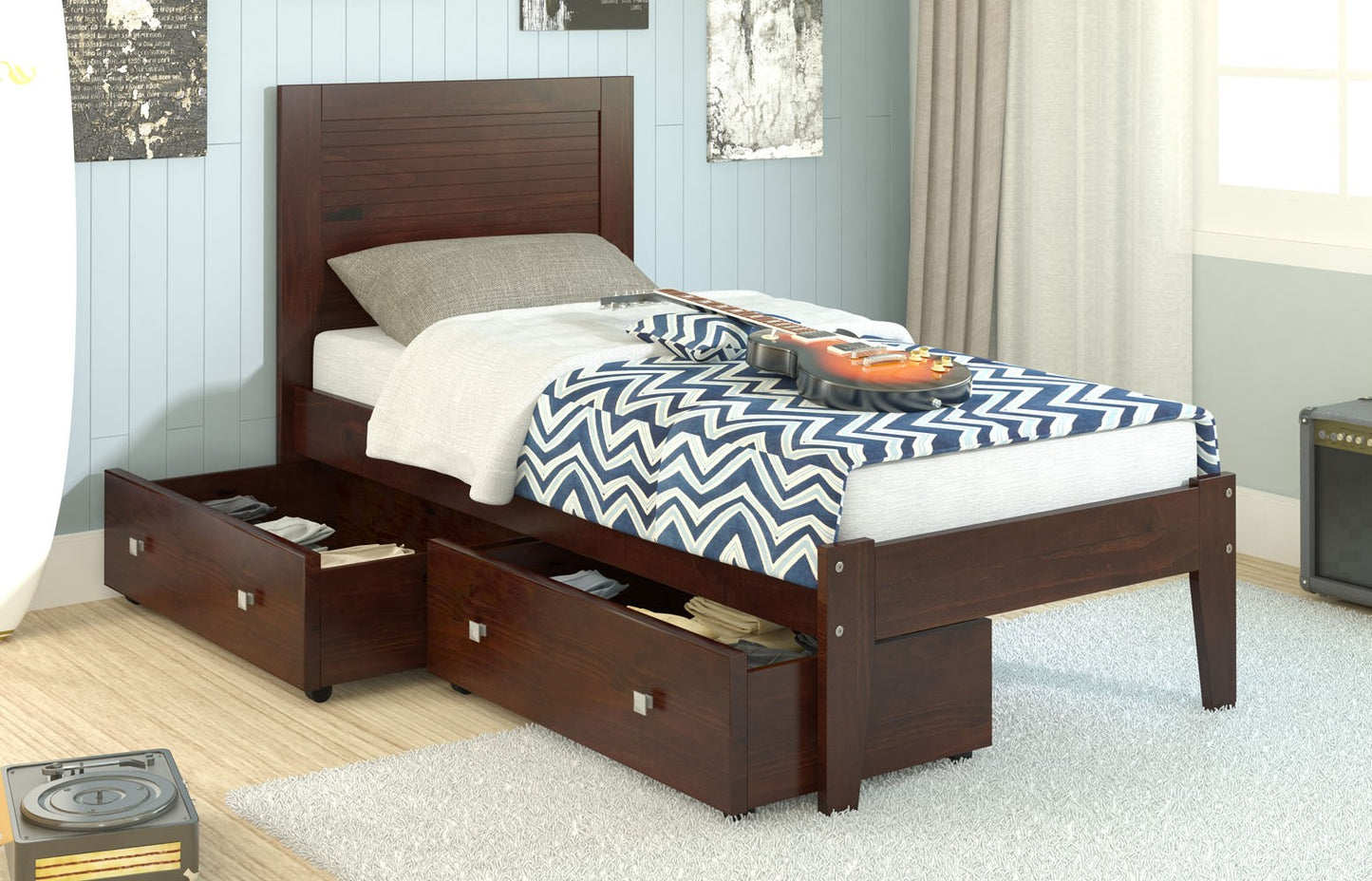 WEEKLY or MONTHLY.  Twin Panel Bed with Underbed Drawers in Dark Cappuccino