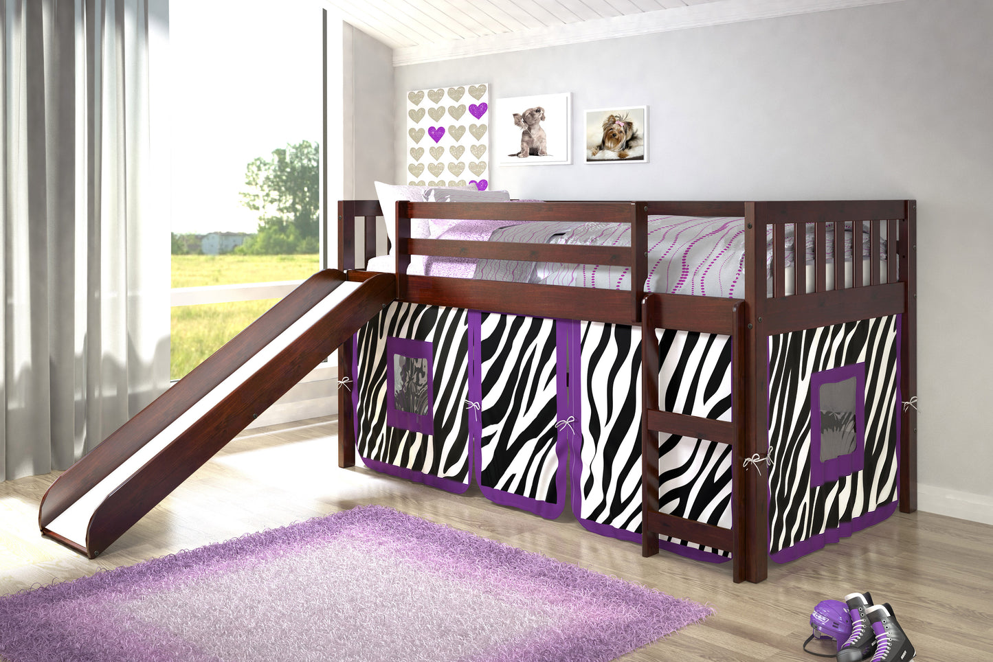 WEEKLY or MONTHLY. Dark Cappuccino Twin Low Loft Bunk with Slide and Zebra Tent