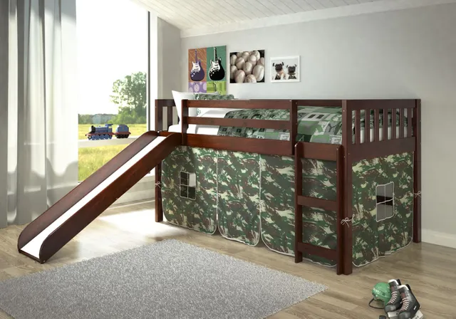 WEEKLY or MONTHLY. Dark Cappuccino Twin Low Loft Bunk with Slide and Camo Tent