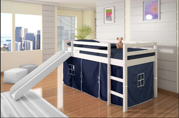 WEEKLY or MONTHLY. White Twin Low Loft Bed with Slide and Zebra Tent