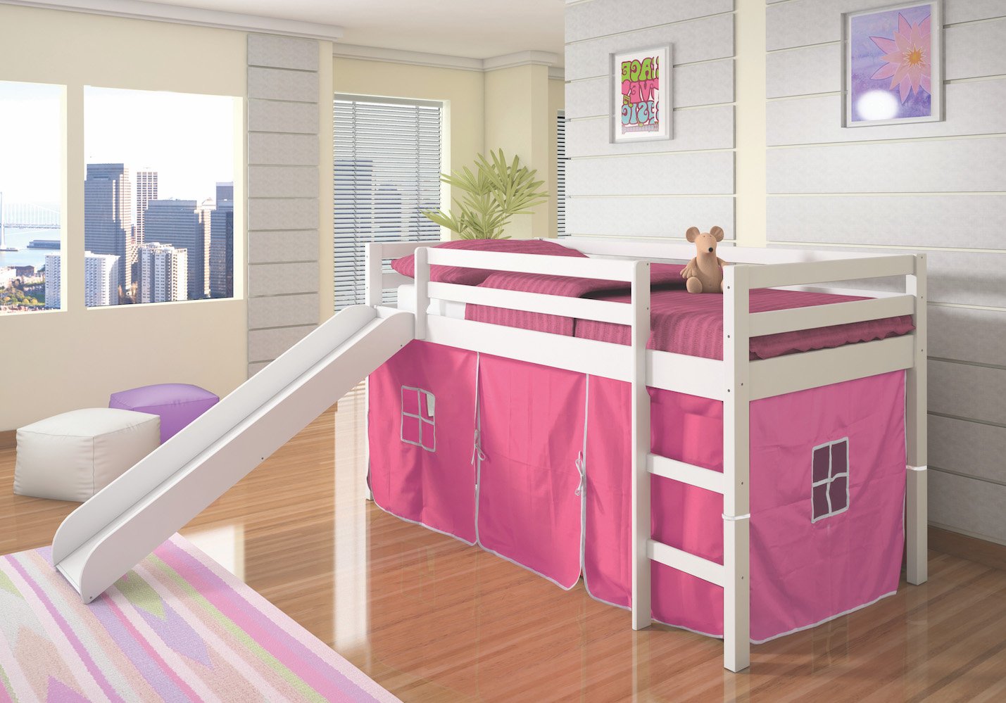 WEEKLY or MONTHLY. White Twin Loft Bed with Slide and Red Tent