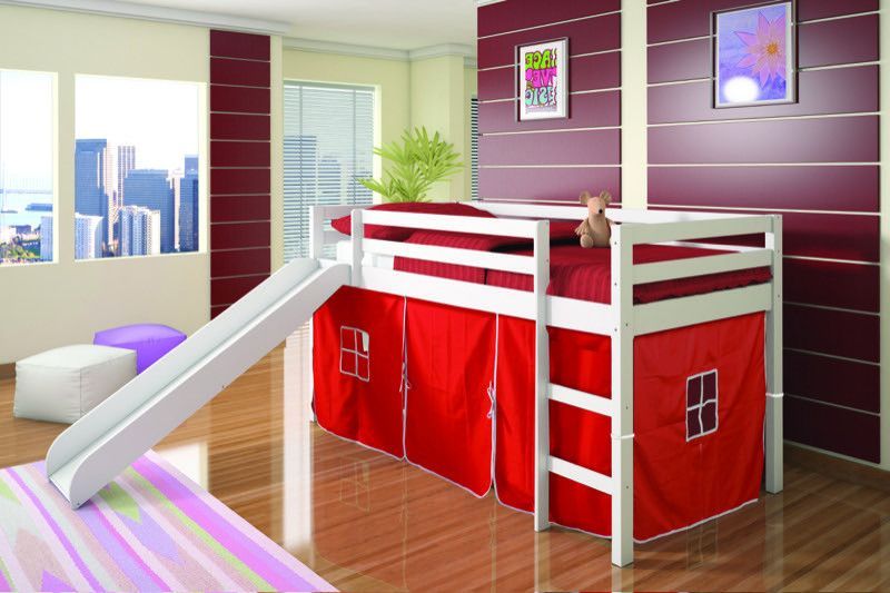 WEEKLY or MONTHLY. White Twin Loft Bed with Slide and Red Tent