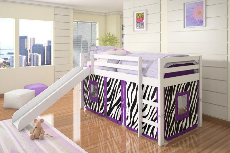 WEEKLY or MONTHLY. White Twin Low Loft Bed with Slide and Zebra Tent