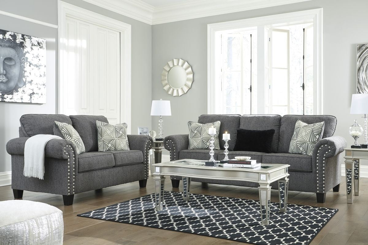 WEEKLY or MONTHLY. Algeno Charcoal Nailhead Trim Sofa and Loveseat