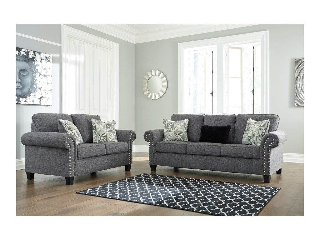 WEEKLY or MONTHLY. Algeno Charcoal Nailhead Trim Sofa and Loveseat