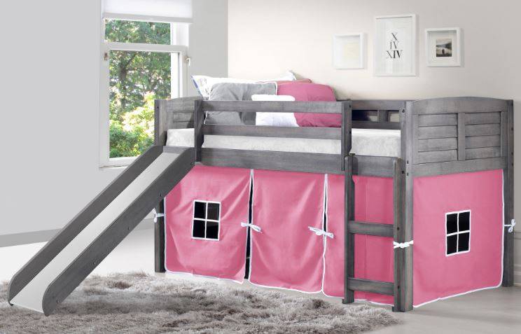WEEKLY or MONTHLY. Antique Grey Twin Louver Low Loft Bed with Pink Tent