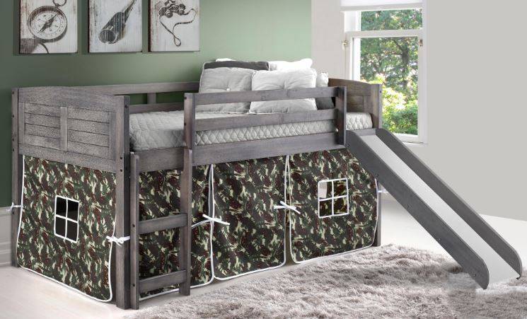 WEEKLY or MONTHLY. Antique Grey Twin Louver Low Loft Bed with Camo Tent