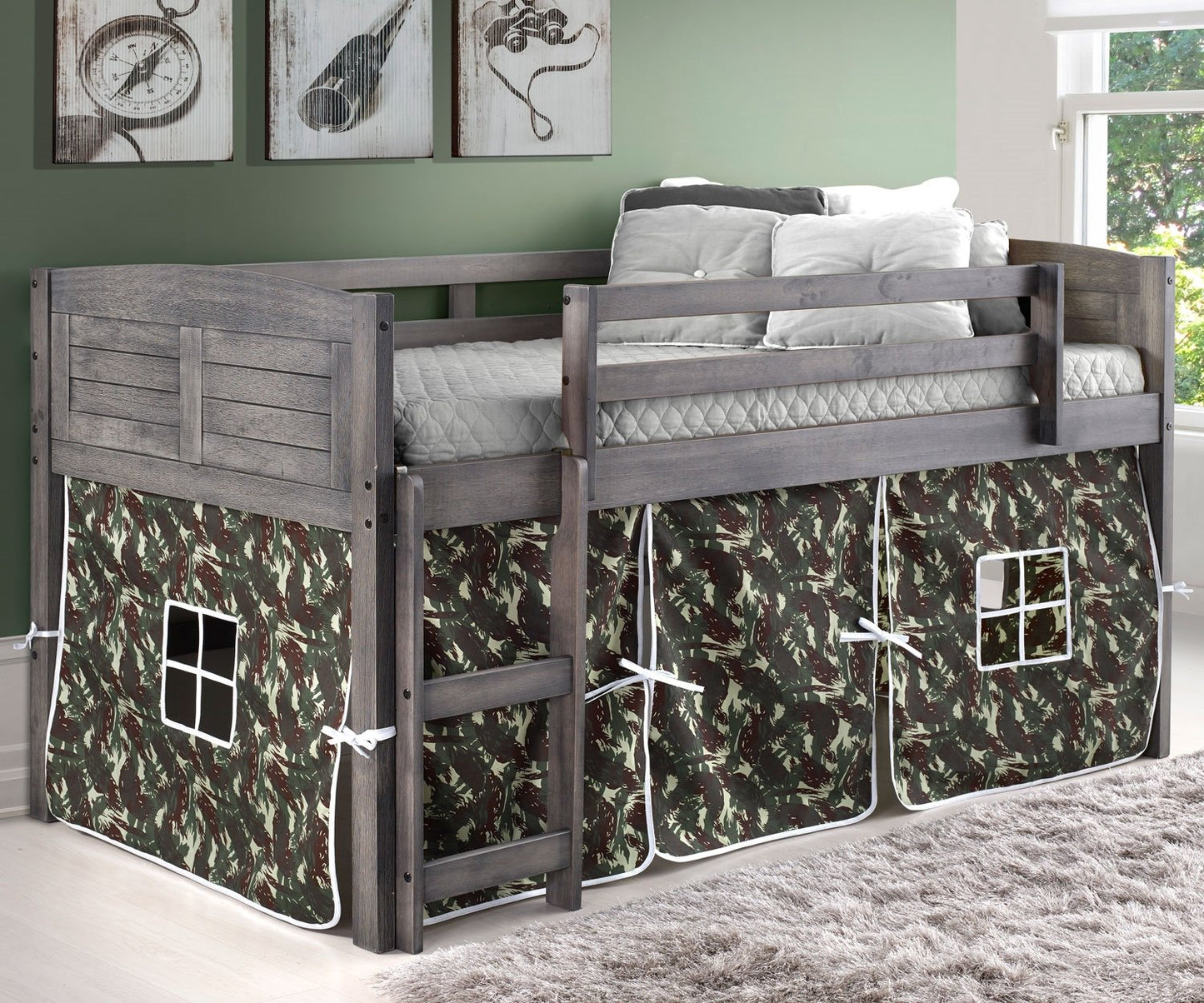 WEEKLY or MONTHLY. Antique Grey Twin Louver Low Loft Bed with Slide and Camo Tent