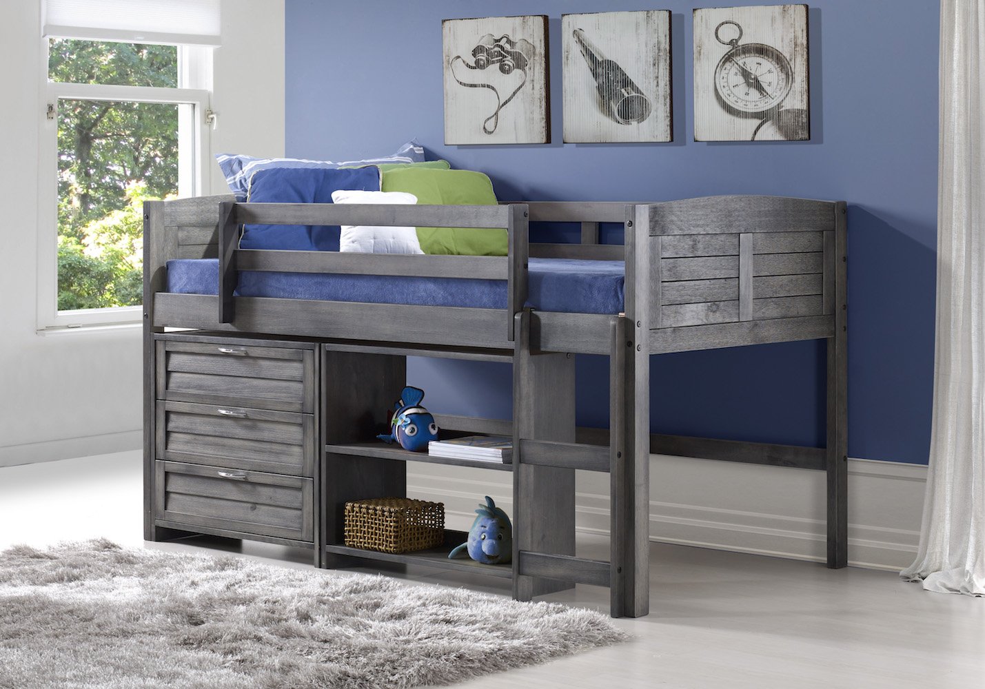 WEEKLY or MONTHLY. Antique Grey Twin Louver Low Loft Bed with Blue Tent