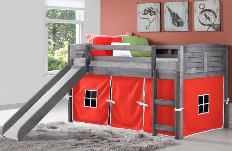 WEEKLY or MONTHLY. Antique Grey Twin Louver Low Loft Bed with Slide and Camo Tent