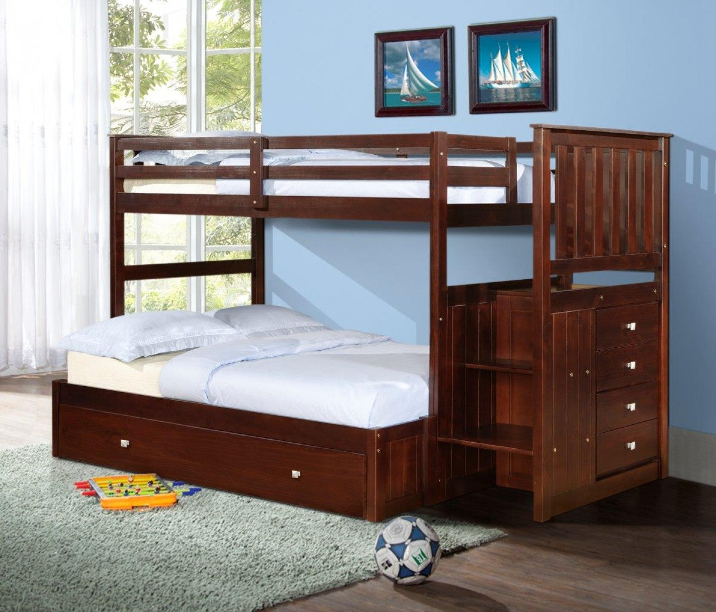 WEEKLY or MONTHLY. Twin over Full Mission Stairway Bunkbed with Underbed Drawers in Dark Cappuccino
