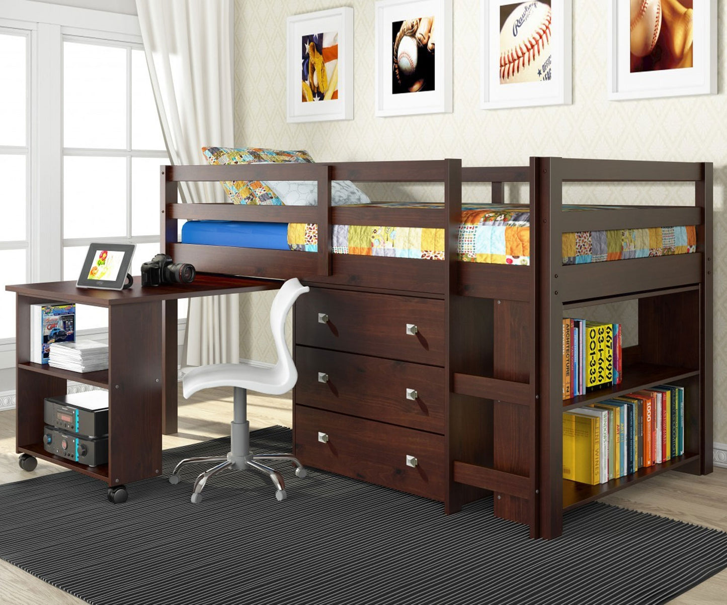 WEEKLY or MONTHLY. Cappuccino Twin Low Loft with Desk, Chest & Bookcase