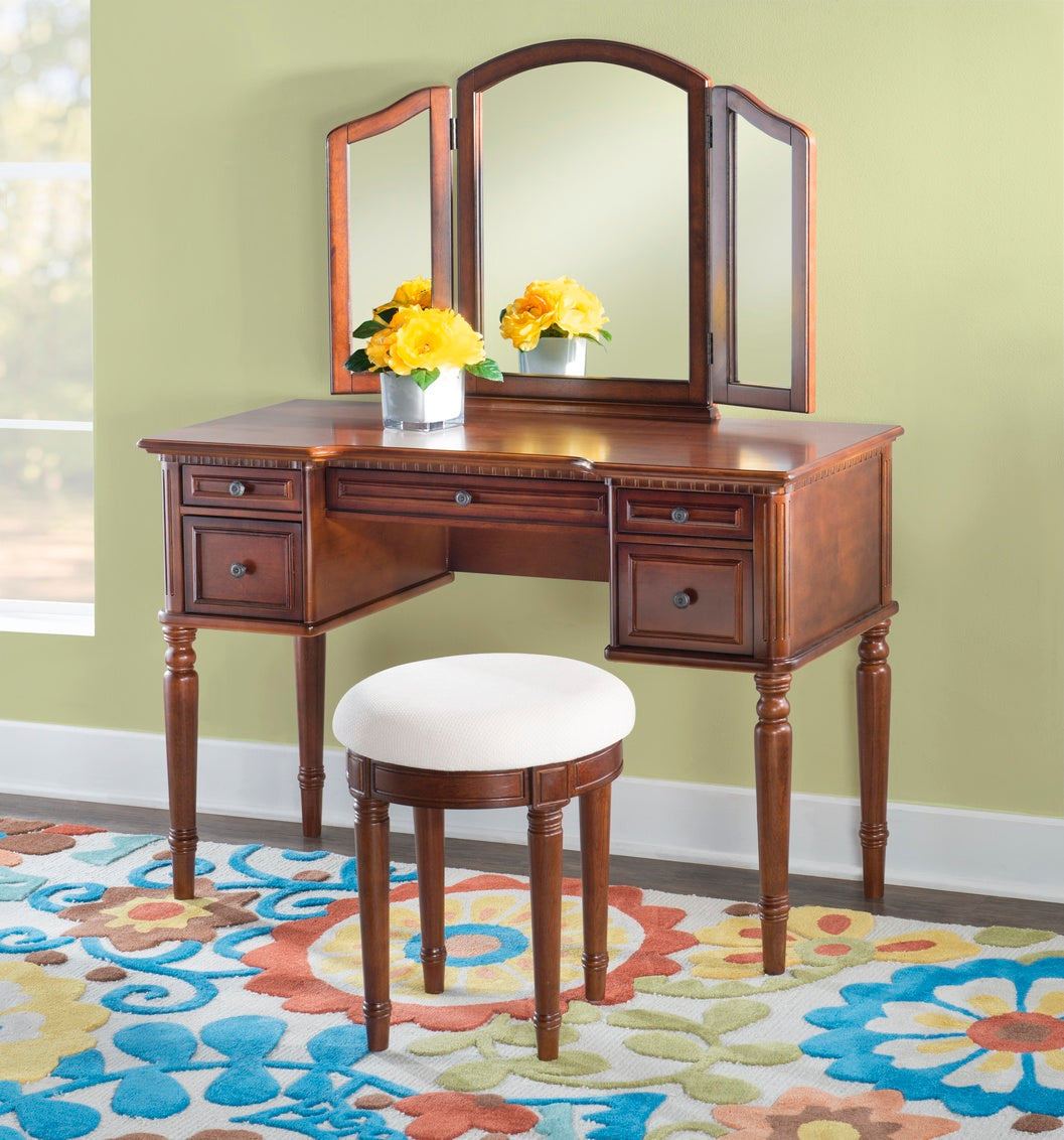 WEEKLY or MONTHLY. Black Antique Everlee Vanity Mirror and Bench