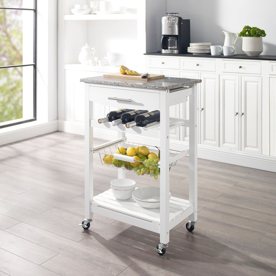 Joey White Kitchen Rolling Cart with Granite Top